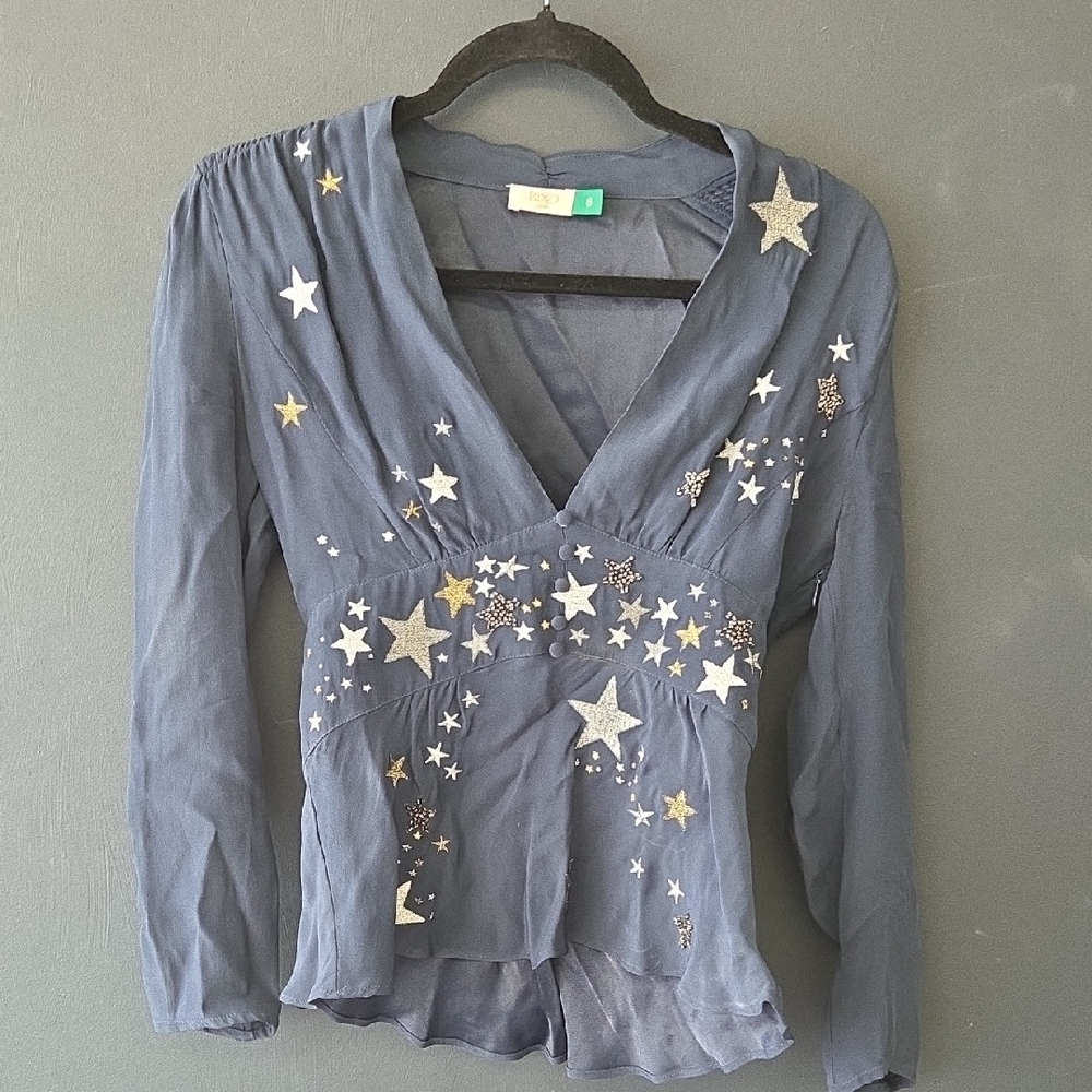 RIXO Gray and Blue Embellished 3/4 Sleeve Blouse